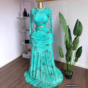 เดรสยาวผ้าตาข่ายพิมพ์ลายหินอ่อนสีเทอร์ควอยซ์สำหรับผู้หญิง - เดรสแฟชั่นแบบรัดรูปเว้าไหล่ - Product Image 1