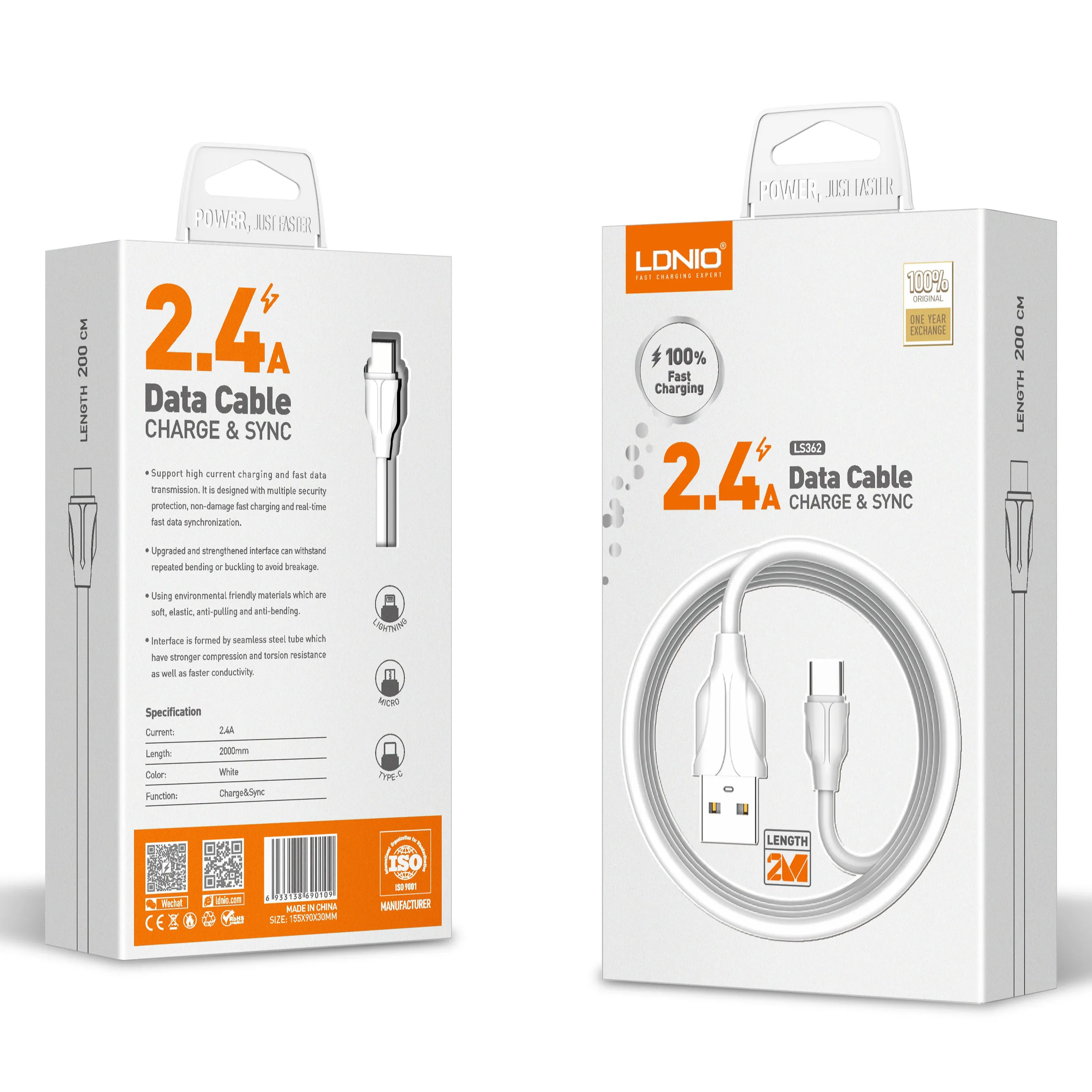 LDNIO LS362 USB-кабель для быстрой зарядки длиной 2 м 2,4 А