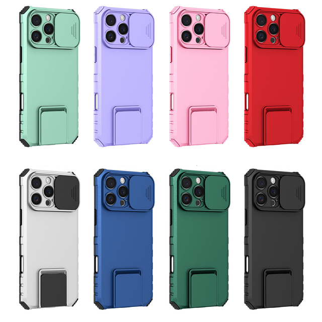 Rugged TPU PC Anti Fall Stereo Stand Phone Case With Lens Protective Cover for iPhone 15 Plus 16 Pro Max 14 13