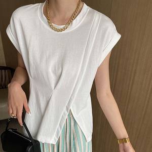 Camiseta de <span class=keywords><strong>mujer</strong></span> con diseño irregular de cuerda de dibujo de algodón de cáñamo respetuoso con el medio ambiente personalizado - Product Image 2