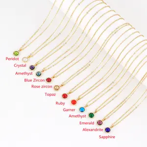Dainty Glass Crystal Gemstone Necklace Round Zircon Birthstone Choker Pendant Necklace for Women Birthday Gift