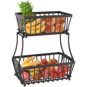 Cesta de almacenamiento de frutas de 2 niveles, encimera Rectangular de Metal desmontable para cocina, pan, verduras y frutas