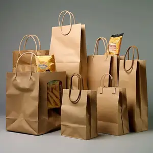 Recycle Take Away Food Packaging BrownCustom Logo Printed Cheap Craft Paper Bag With Handles in stock