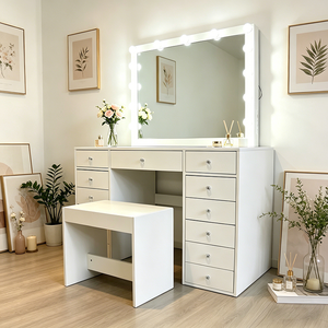 Coiffeuse avec éclairage, coiffeuse avec multiprise, ensemble de coiffeuse avec grands tiroirs, miroir de coiffeuse, blanc - Product Image 3