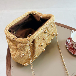 Fashion Women's Woven <b>Straw</b> Handbag Chain Crossbody Shoulder <b>Bag</b> with Rivet Decoration - Product Image 4
