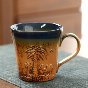 200ML Creative Embossed Hand-painted Coarse Earthenware Mugs Household Water <b>Cups</b> Desert Boats Camel <b>Ceramic</b> Coffee <b>Cups</b> - Product Image 2