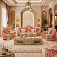 Ensemble de canapés Majlis arabes de luxe, canapé en cuir en bois massif doré sculpté à la main avec table basse en marbre pour villa et palais