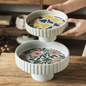 <span class=keywords><strong>Plateau</strong></span> à Fruits en Céramique Porcelaine Vintage à Pied Haut, Assiette à Bonbons à Dessert Rétro, Support de Grande Capacité pour la Maison, Hôtel, <span class=keywords><strong>Table</strong></span> Basse - Product Image 1