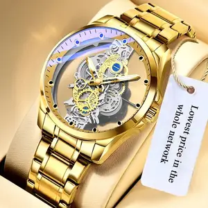 ساعة يد رجالي أوتوماتيكية موديل رقم 520 بعقارب ذهبية وهي ساعة يد فاخرة من علامة تجارية مميزة ومزودة بخاصية الكوارتز