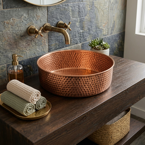 Handmade Hammered Copper Eco-Friendly Classic Vessel Sink Luxury <b>Round</b> Bathroom Wash <b>Basin</b> for Vanity Countertop Installation - Product Image 1