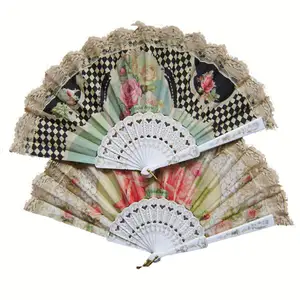 High Quality Satin Flower With Lace Edge Plastic Skeleton Folding Fabric Hand Fan For Promotion