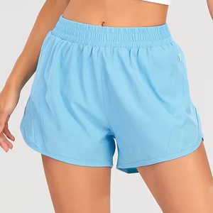 Shorts de course pour femmes bleu marine à séchage rapide avec poches, taille élastique, style sportif, logo personnalisé imprimé sur la jambe droite - Product Image 5