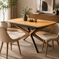 Table à manger moderne en mélamine imitation bois, taille fixe, avec base en métal bicolore en forme de X, pour la maison et l'hôtellerie