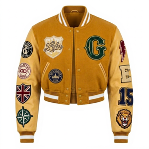 Chaqueta de Béisbol para Mujer, Estilo Letterman, OEM ODM, Mezcla de Lana, Mangas de Cuero Genuino, Otoño, Impermeable, Resistente al Viento, Personalizable - Product Image 1