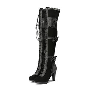 SHIKOL femmes bottes au-dessus du genou Vintage 90S Lolita chaussures talons hauts à lacets nœud bleu <span class=keywords><strong>noir</strong></span> <span class=keywords><strong>daim</strong></span> chaussures pour femmes bottes cuissardes - Product Image 4