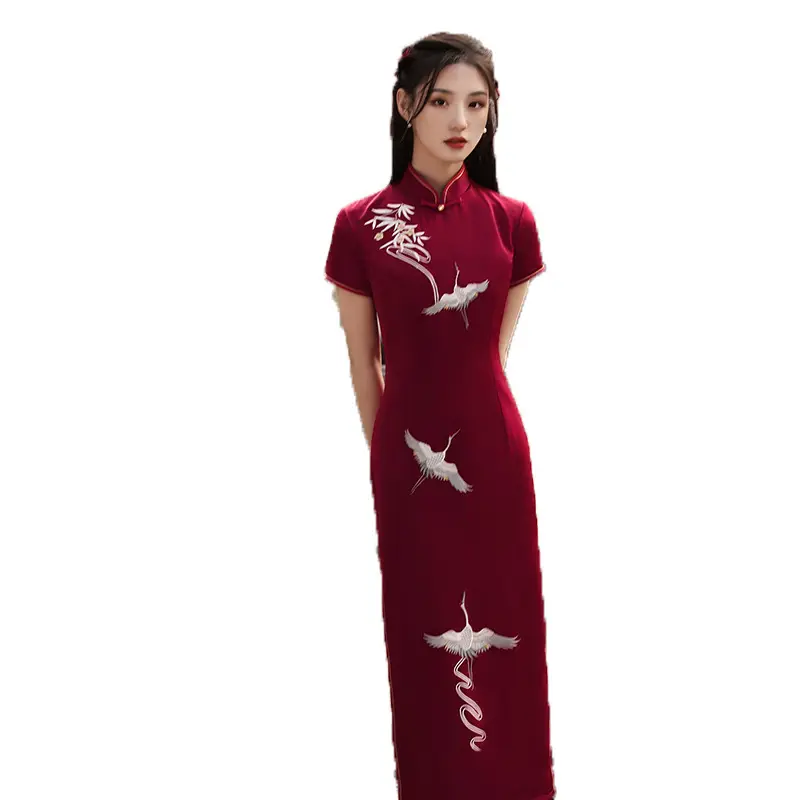 Chinese Style Long Dress Trend Embroidery Swan Qipao Dress Cheongsam