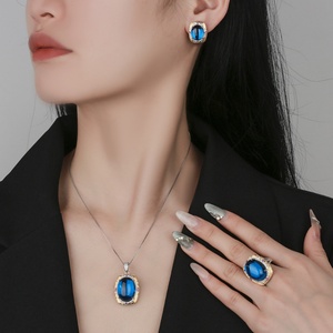 Fashion Eco-friendly Copper Retro Pendant Earrings <b>Rings</b> <b>Set</b> 15*20/10*12mm Blue Zircon Party Jewelry <b>Sets</b> for <b>Women</b> Glamorous - Product Image 6