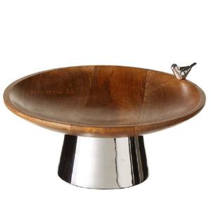 Cuenco de Pedestal de Metal de madera y aluminio con Mango redondo de 14 pulgadas con pájaro - Product Image 1