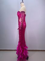 Robe de soirée haute couture 2024, nouvelle collection pour femmes, gants de luxe, élégante, strass, plumes, rouge rose, paillettes, sans bretelles