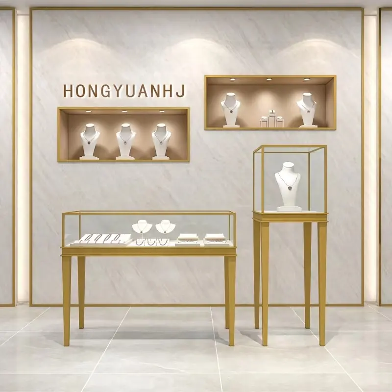 High End Jewelry Store Display Retail Custom Gold Stainless Steel Display Showcase For Jewelry Store And Counter