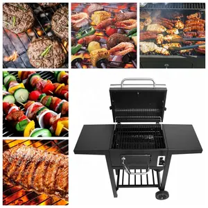 Xe Đẩy Nướng BBQ Than Củi Di Động Bán Chạy Vỉ Nướng Thịt Nướng Hun Khói Với Chảo Than Có Thể Điều Chỉnh Độ Cao Cho Bữa Tiệc Bằng Thép