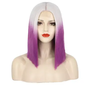 Short Bob Lace Wigs for Women Natural Looking Ombre Purple Synthetic Straight Soft Hair Wig with Little Area Lace in Middle Part