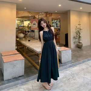 Halter Neck Long <b>Dress</b> Women's <b>Elastic</b> Waist Solid Color Casual Summer <b>Dress</b> Light Blue Polyester Fabric Leisure Wear - Product Image 2