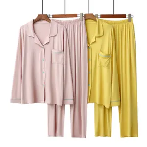 2023 Custom Effen Kleur Paar Pyjama Sets Comfortabele Lange Mouwen Thuis Slaapkleding Pyjama Pakken