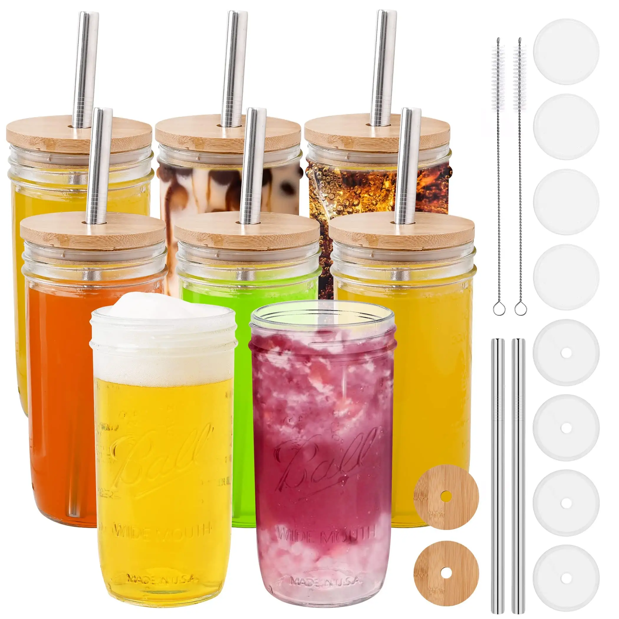 Factory Custom Logo 16oz 24oz Mason Cup Jar Water Glass Tumblers With Stainless Steel Straws and Wood Lids Bamboo Covers