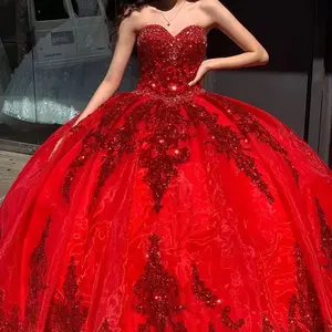 Vestido de quinceañera cariño rojo Vestido de fiesta grande de encaje brillante Vestido de fiesta Vestido de baile de princesa de cumpleaños