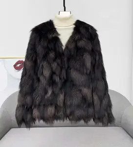 China Supplier Women V Neck Real Silver Black Fox Fur Coat With SheepSkin Inside