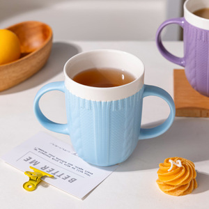 แก้วเซรามิกสองหูจับ สีพื้น ทนความร้อน ใช้กับไมโครเวฟได้ สำหรับกาแฟ ชา สีชมพู ฟ้า ม่วง แก้วเดี่ยว ของขวัญ - Product Image 2