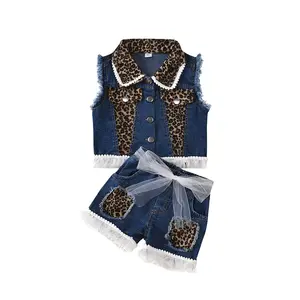 2023 New Children Sleeveless Lapel Denim Top and Shorts Set Leopard Print Patchwork Mesh Girls Clothing