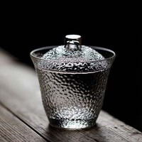 Bol en verre épais, écologique, durable, résistant à la chaleur, de qualité alimentaire, avec couvercle, GAIWAN, texture martelée, transparent, ensemble de thé Sancai