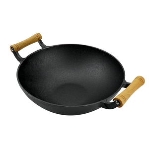 Wok rond pré-assaisonné en fonte noire à double manche en bois avec couvercle pour cuisinière à gaz et à induction <span class=keywords><strong>Pot</strong></span> en métal - Product Image 5