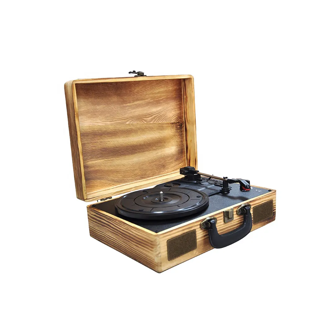 Hot Selling Speakers Support OEM/ODM Wooden Portable Popular Home Music 3 Speeds Fashion FM Radio Suitcase Turntable