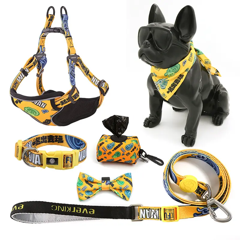 Custom Luxury 6 Piece Puppy Leash Collar Adjustable Pet Poop Bag Reversible Breathable Neoprene Dog Harness Sets