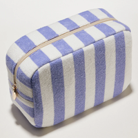Pochette de maquillage en tissu éponge portable, fermeture éclair tendance, imperméable, rayée bleu et blanc, sac souple