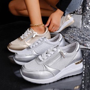 Baskets compensées pour femmes avec fermeture éclair latérale et paillettes, chaussures de marche décontractées - Product Image 3