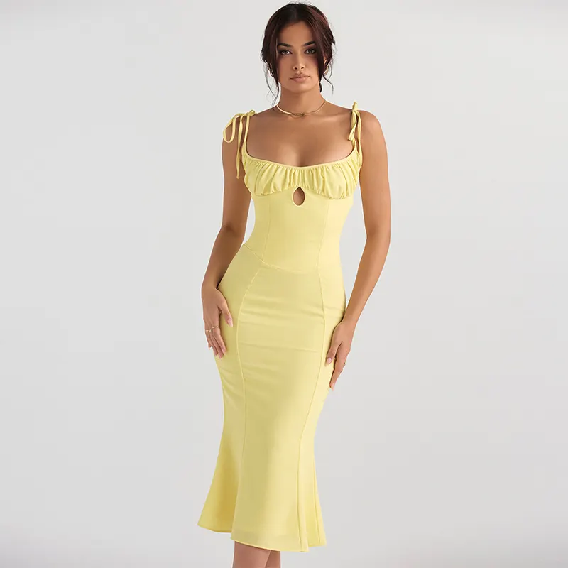 Lagerfe 9274 Sleeveless Hollow Out Bodycon Yellow Midi Dress Sexy Ruffles 2022 New Fashion Summer Casual Party Women Clothes