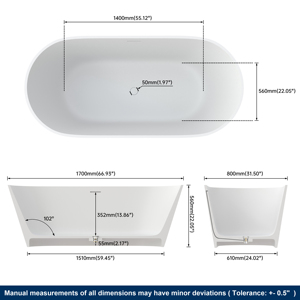 อ่างอาบน้ำแบบลอยตัวทรงโมเดิร์น Maydon ขนาด 1700 มม. ทำจากวัสดุ Solid Surface สำหรับแช่น้ำลึก เหมาะสำหรับอ่างอาบน้ำเรซิ่นหินสีขาวสไตล์โมเดิร์นสำหรับโรงแรม - Product Image 6