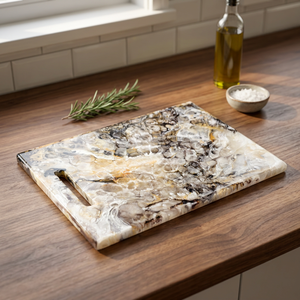 Tabla de cortar de resina rectangular con asa, diseño de piedra natural, bandeja de cocina para cortar y servir frutas y verduras, para mesa. - Product Image 1