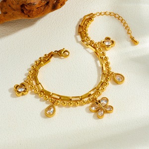 Gold Plated Stainless Steel Double Chain Bracelet With Butterfly Pendant Teardrop Crystal Charm Stackable Fashion Jewelry Gift - Product Image 3