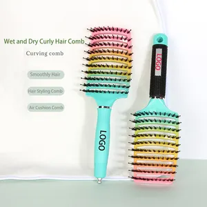 New Arrives Rainbow Color Customized Logo Detangling Hair Comb Curved Vent Detangling Wave Brush Boar Bristle Nylon Hair Brush