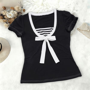 Camiseta de manga corta transpirable con lazo frontal estilo dulce y femenino para mujer, cuello cuadrado, contraste de color, tejido elástico, ecológica - Product Image 6