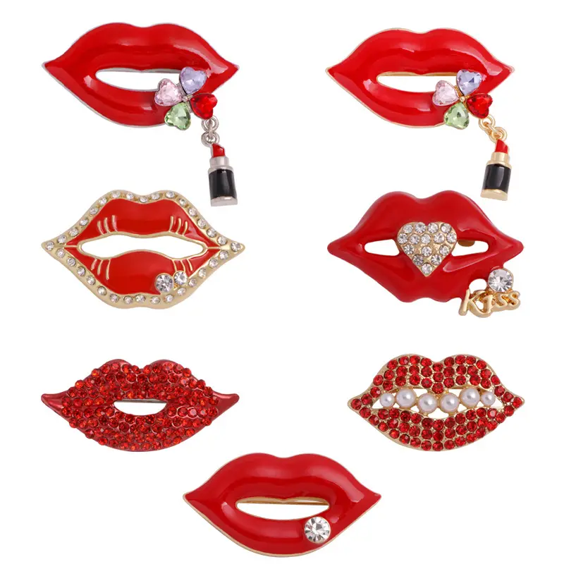 New Rhinestone Red Lip Brooches Women Sexy Heat Pearl Party Office Casual Brooch Pins