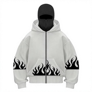 Sudadera con Capucha y Cremallera para Hombre, Blanca, Talla Grande, con Estampado de Llamas Negras, Bolsillo Delantero, Manga Regular, Tejido de Felpa, 100% Algodón - Product Image 5