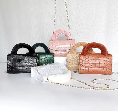New arrival plush handle handbags for women chain small stone pattern soft PU leather cheaper bag