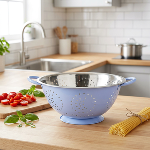 Blue Stainless Steel <b>Colander</b> With <b>Plastic</b> Handles Durable Strainer For Kitchen Use - Product Image 4