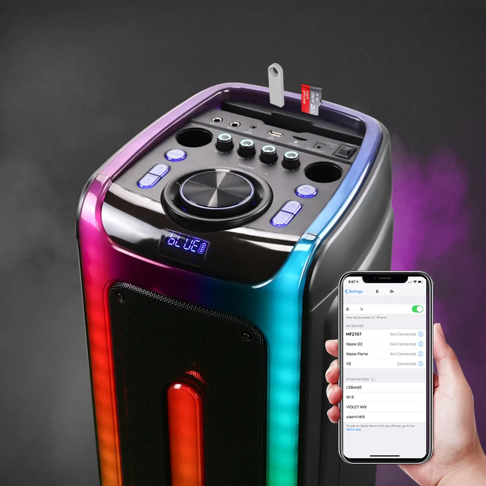 Karaoke speaker with wireless microphone Portable party outdoor big watt long battery RGB light AUX TWS speaker